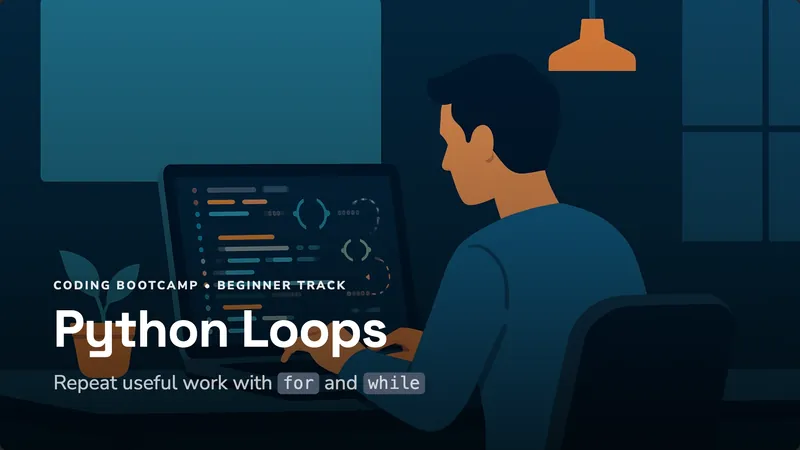 Cover slide: Python Loops, a learner coding at night.