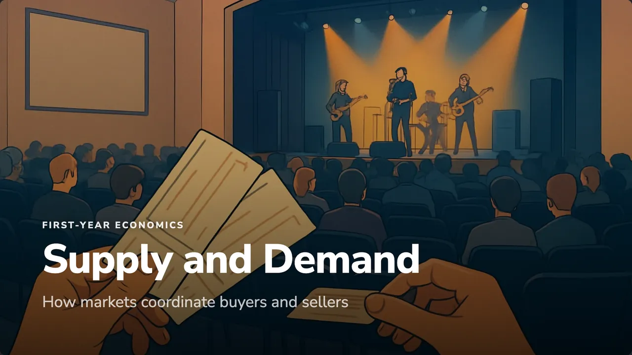Cover slide: Supply and Demand, how markets coordinate buyers and sellers, over an illustration of a concert crowd holding tickets.