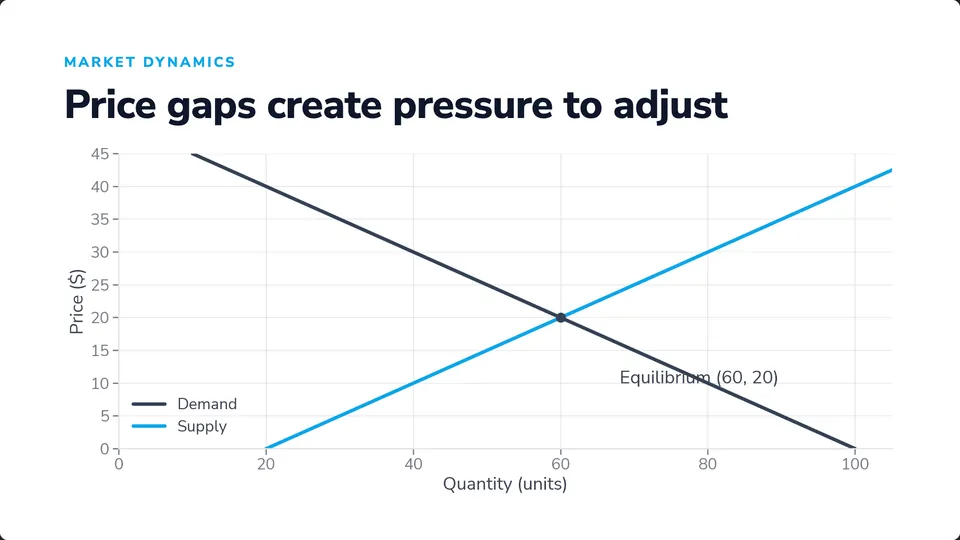 Price gaps create pressure to adjust: a plot of demand and supply crossing at the equilibrium (60, 20).
